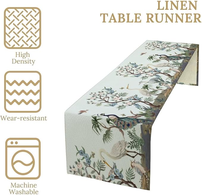Peacock Table Runner,Retro Chinese Peonies Flowers Peacock Table Runner for Home Kitchen Dining Party Indoor Outdoor Decoration 13x120 Inch