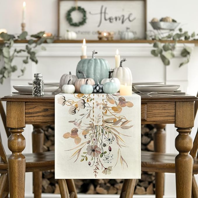 Artoid Mode Wildflower Leaves Floral Fall Table Runner, Autumn Thanksgiving Kitchen Dining Table Decoration for Indoor Outdoor Home Party 13x48 Inch