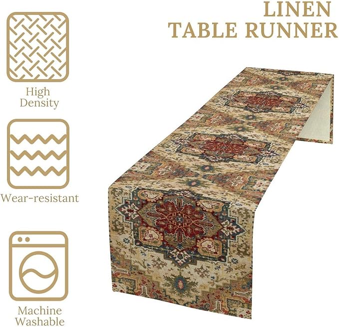 Boho Bohemia Style Table Runner, Vintage Yellow Brown Retro Flower Rustic Country Style Floral Print Pattern for Home Kitchen Table Decor Dining Coffee Room Garden Party Decor 13x120in