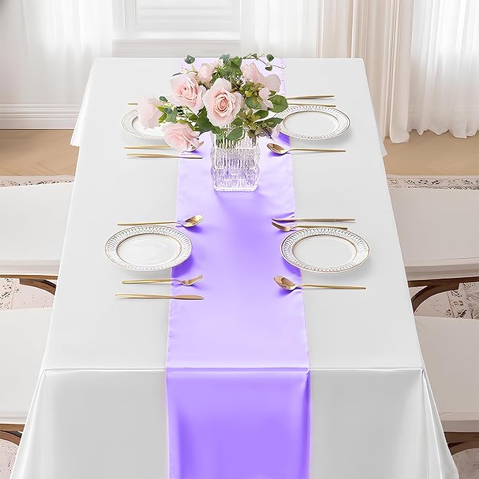 SHEJIZE 10 Pack Lavender Satin Table Runner 12x108 Inches Long, Bright Silky Smooth Satin Table Runner Table Decor for Wedding Banquet Christmas Prom Event Birthday Party