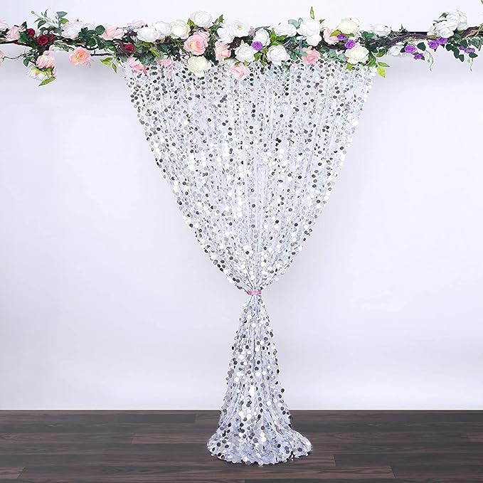 9FTx9FT Silver Big Sequin Backdrop Curtains Panels Drapes Home Party Supplies Sequin Background for Parties Shimmer Wall Backdrop Cloth and Thanksgiving Christmas