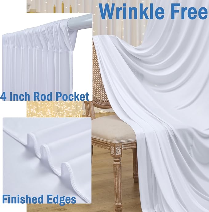 10x10ft Wrinkle Free White Backdrop Curtains for Party Background, 2 Panels 5x10ft Silky Polyester Photo Backdrop Drapes Back Drop Cloth for Wedding Birthday Photography Baby Shower Decor