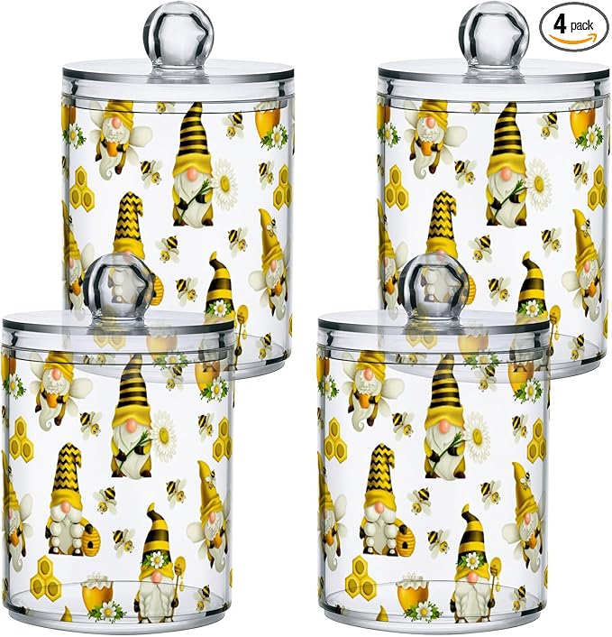 Qtip Holder Dispenser 4 Pack Gnome Bees Flying Dwarf Daisy Apothecary Jars with Lids Bathroom Vanity Countertop Canister Storage Organizer for Cotton Ball,Swabs,Pads,Floss