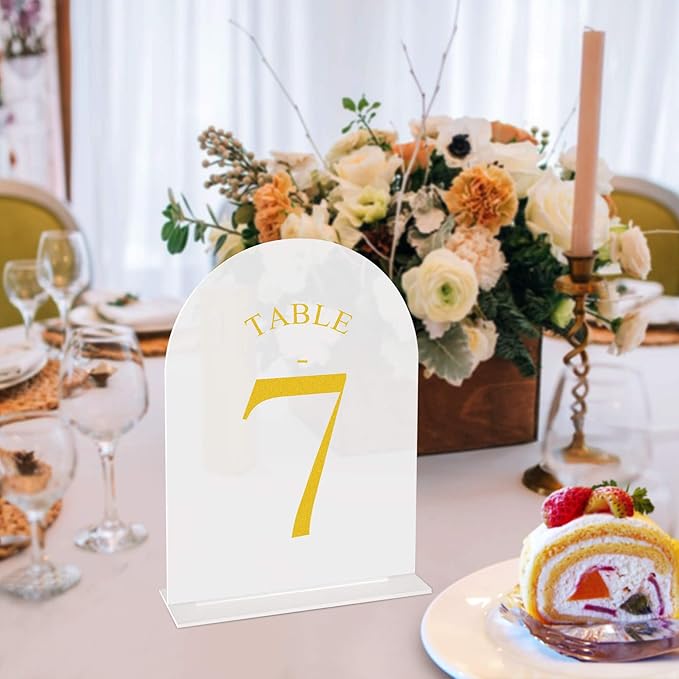 JOYIT Frosted Arch Wedding Table Numbers 1-30 with Stands – 5" X 7" Acrylic Gold Table Number Holders, Perfect for Wedding Receptions, Parties, Anniversaries, and Events