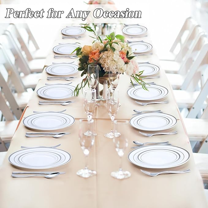 200PCS Silver Plastic Plates Set, 100 10.25 inch Dinner Plates and 100 7.5 inch Dessert Plates, Premium Disposable Plates for Party, Wedding