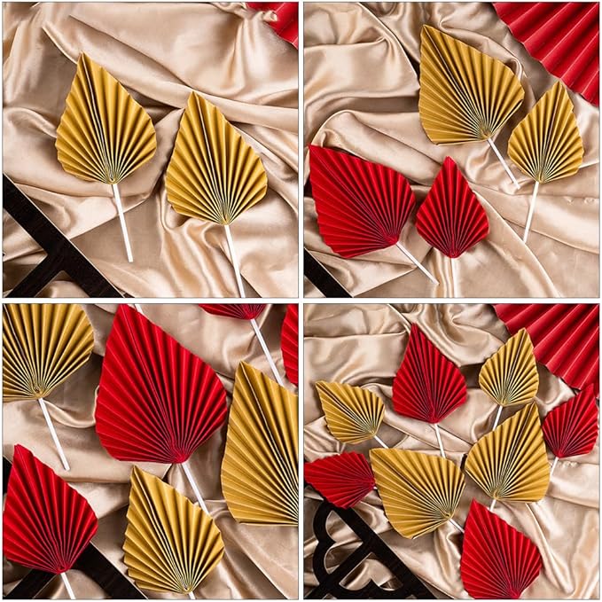 16pcs Golden Tree Leaf Folding Fan Cake Toppers - Elegant Boho Cake Decorations for Birthday Party, Wedding, and Anniversary - 4.33 * 1.96 * 0.39inch