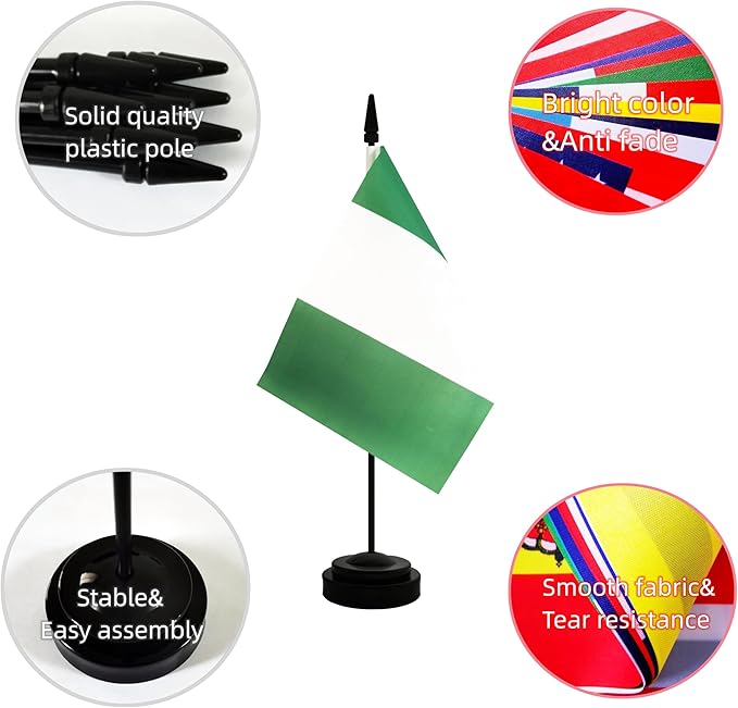 2 Pack Nigeria Desk Flag, Nigerian Table Office Flag with Solid Pole and Stand Base, International Country Flag, Festival Celebration, Classroom Meeting Desktop Decoration (Nigeria)