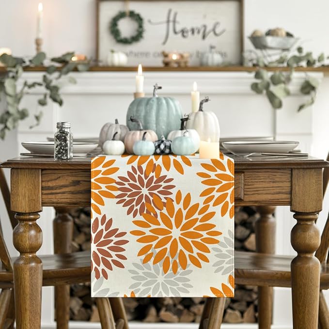Artoid Mode Orange Dahlia Floral Pinnata Fall Table Runner, Seasonal Autumn Thanksgiving Kitchen Dining Table Decoration for Home Party Decor 13x90 Inch