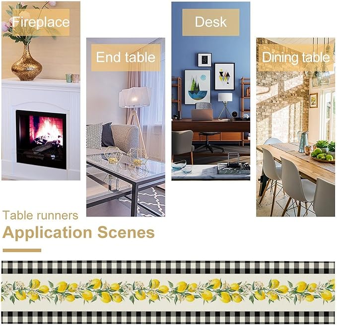 Lemon Table Runner,Black Buffalo Plaid Lemon Table Runner Farmhouse Style Spring Summer Home Kitchen Dinding Room Table Decoration 13x120 Inch