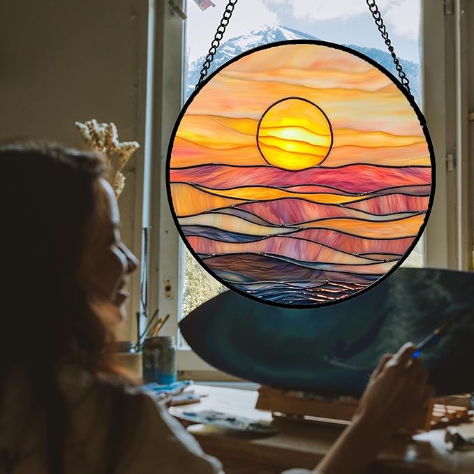 Stained Glass Window Hanging, Orange Sunrise Suncatcher Diamond Glass Panel Hangings Scenery Sun Catchers Decor for Birthday for Women, Men, Wife, Aunt, and Mom 7.8 in