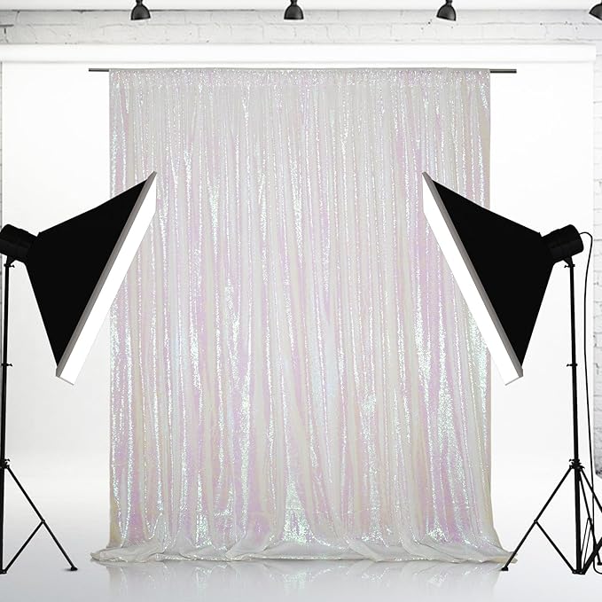Eternal Beauty White Iridescent Sequin Backdrop, 8x8 Ft Glitter Background Curtains for Shimmer Photography Party Wedding Birthday Back Drop Decor