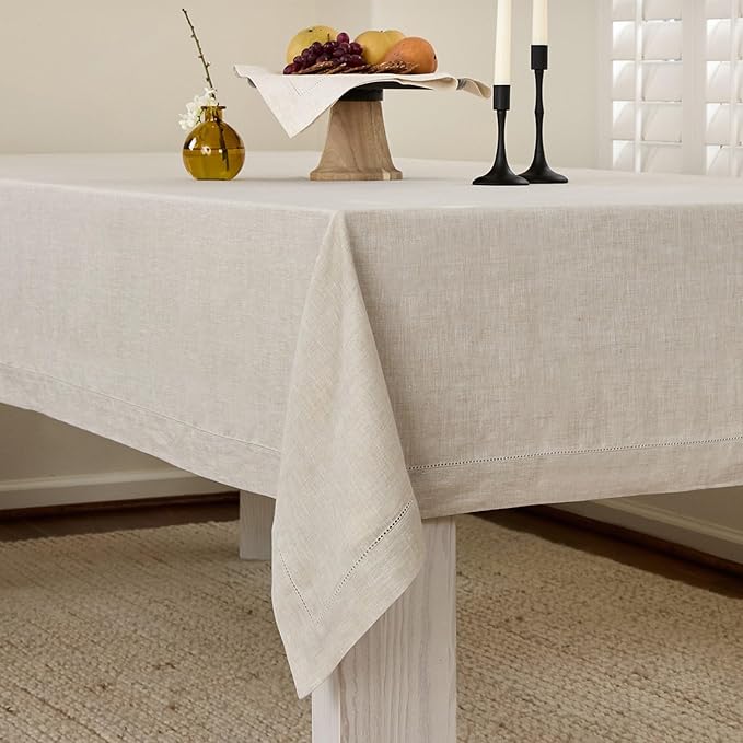 Solino Home Light Natural Linen Tablecloth 60 x 108 Inch - Classic Hemstitch, 100% Pure Linen Rectangular Tablecloth - Machine Washable Table Cloth for Fall, Autumn, Thanksgiving, Christmas, Holiday
