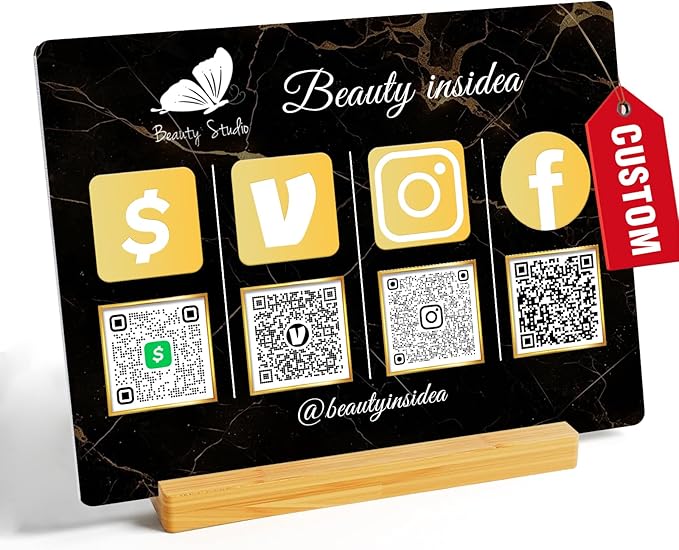 Personalized Custom Metal QR Code Sign Venmo Cashapp Scan to Pay with Stand Instagram Facebook Social Media QR Signs Bar Code QR Plaque Print for Business Salon Beauty Store Restaurant Wifi Sign (Vertical 4)