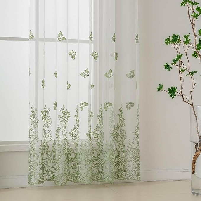 VISIONTEX White Sheer Voile Curtains, Decorative Green Embossed Butterflies Rod Pocket Window Drapes for Home Kitchen, Living Room and Bedroom 54 x 72 Inch, Set of 2 Curtain Panels