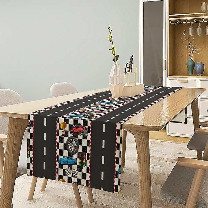 Race Car Table Runner,Checkered Flag Black and White Race Cars Pattern Print Tablecloth Burlap for Hotel Indoors Outdoor Dining Room Kitchen Home Decor,W13X L60 in