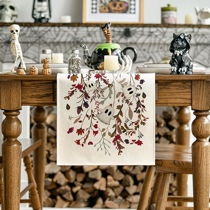 Artoid Mode Ghost Flowers Leaves 210 GSM Halloween Table Runner,Seasonal Fall Kitchen Dining Table Decoration for Home Party Decor 13x108 Inch