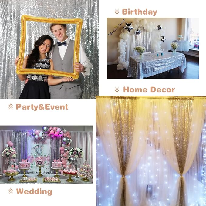 Eternal Beauty Sequin Backdrop Curtains, 2x8 Ft-2 Panels Silver Back Drop for Shimmer Photography Party Wedding Birthday Decor