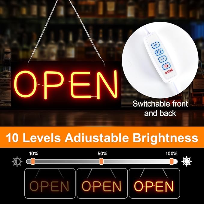 Led Open Sign for Business,OPEN and Close Double sided switching,Powered by 5V USB, And Adjustable Bright,Neon Sign for Storefront Window Glass Door Shop Store Florists Bar 15.7'' X 7''
