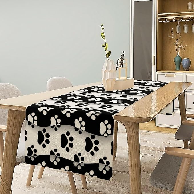 Dog Paw Table Runner,Kid Cute Animal Footprint Black White Theme Design Print Tablecloth Burlap for Hotel Indoors Outdoor Dining Room Kitchen Home Decor,W13X L36 in