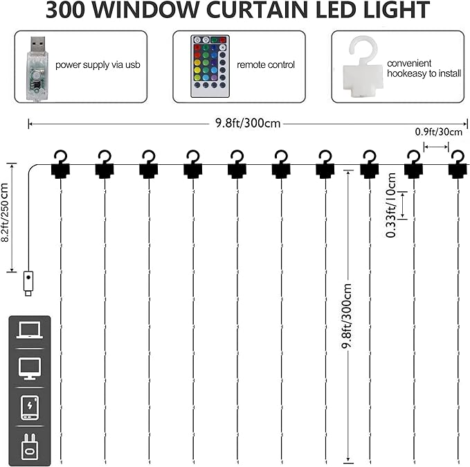 HOME LIGHTING Window Curtain String Lights, 300 LED RGB 16 Colors Changing Fairy Lights, 4 Modes with Remote, USB & Adapter Powered for Halloween Christmas Party Wedding Home Garden Wall Decorations