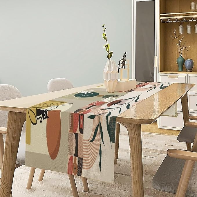 Mid Century Table Runner,Abstract Boho Plant Leaf Botanical Cat Modern Geometric Pattern Print Burlap for Hotel Indoors Outdoor Dining Room Kitchen Home Decor, 13x60in