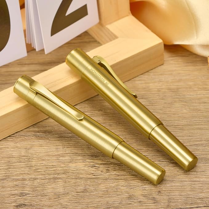 Hongdian M2 Mini Brass Fountain Pen with Bent Nib, Sleek Shape Short Pocket Travel Pen (Glossy Brass)