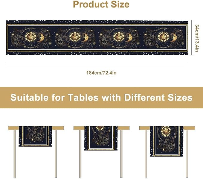 Sun Moon Table Runner, Seasonal Golden Sun Moon Holiday Kitchen Dining Table Runner for Kitchen Living Room Home Party Decor 13x90 Inch