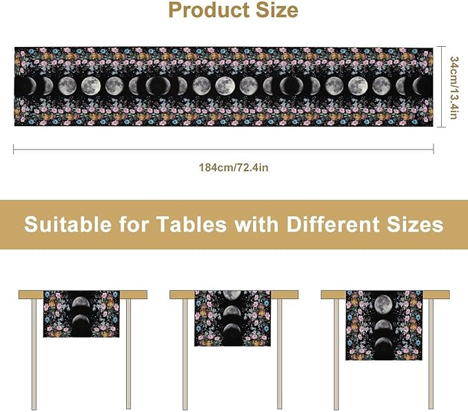 Boho Floral Moon Table Runner, Spring Flower Leaves Mystical Gothic Sun Moon Table Runner for Kitchen Dining Table Home Party,13x120 Inch Purple