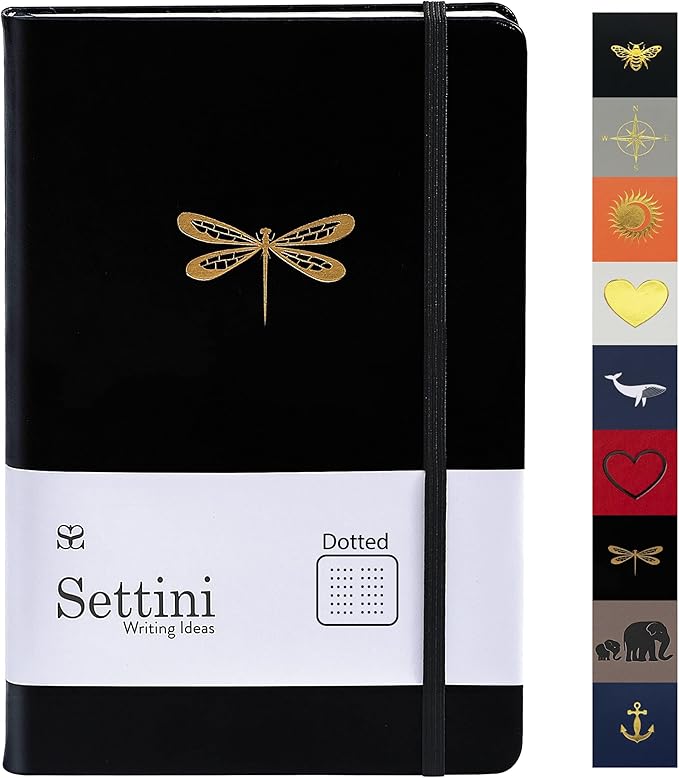 SETTINI Dotted Journal, Ideal for Bullet Journaling - A5 Vegan Leather Notebook, 192 Archival-Quality Pages, QuillEase Bleed-Free Paper, Inner Pocket & Bookmark - Dragonfly Gifts for Women & Men, Black Dragonfly