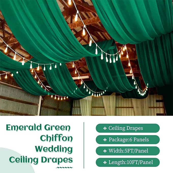 6 Panels Emerald Green Wedding Ceiling Drapes 5ftx10ft Ceiling Drapes Chiffon Fabric Arch Draping Sheer Curtains Soft Drapery Draping Wedding Ceiling Decorations for Party Ceremony Stage Swag