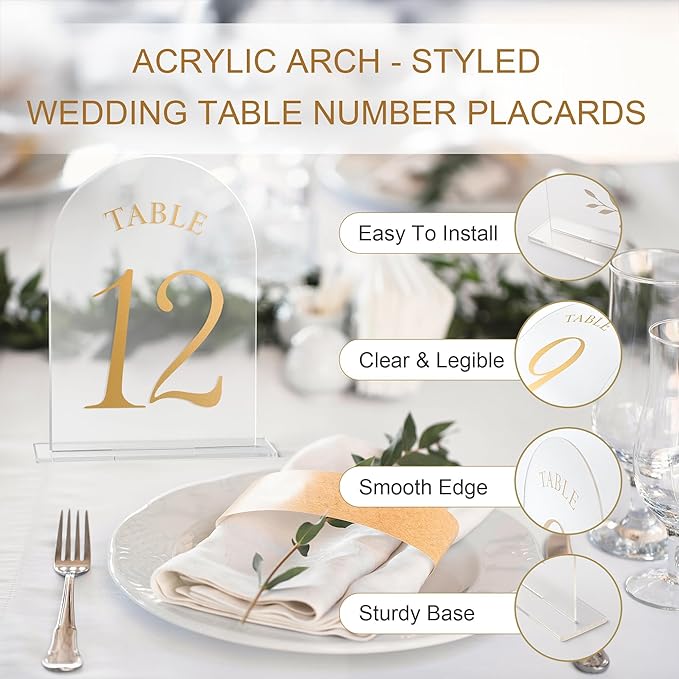 Wedding Table Numbers 1-30 Clear Acrylic Seating Number Signs for Weddings Reception Anniversary Party Decor Seat Number for Tables with Elegant Gold Lettering