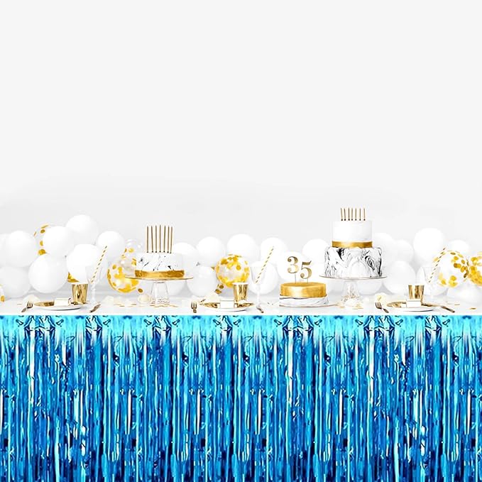 3 Pack 29 x108 Inch Lake Blue Foil Fringe Table Skirts Metallic Banner for Tinsel Streamer Garland Backdrop for Parade Floats Wedding Thanksgiving Birthday Christmas New Year Party Decoration