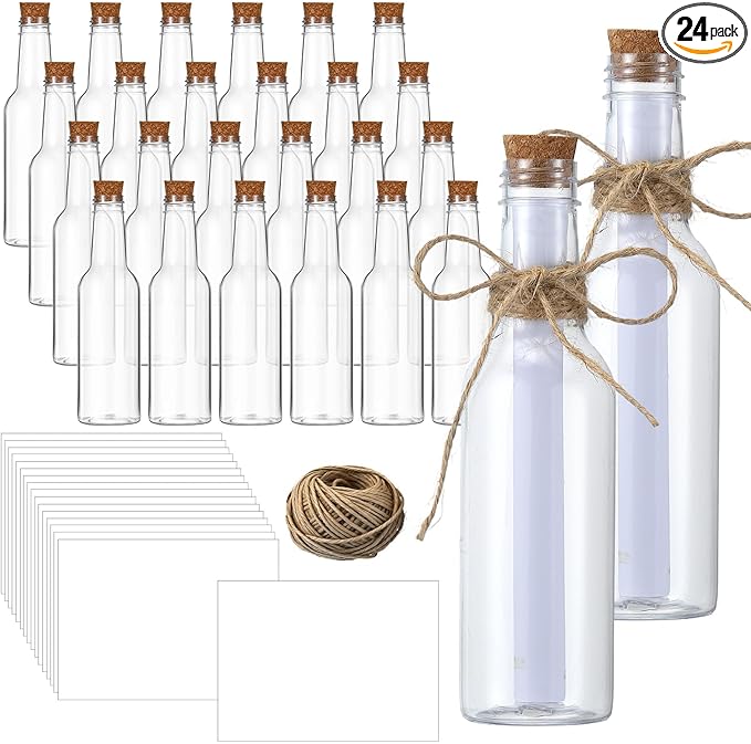 Baderke 24 Pcs 5.6 oz Message Bottles with Letter Printer Paper Plastic Bottles & Corks Twines for Message Invitations Birthday Wedding Baby Shower DIY Crafts Gift Party Favors (White)