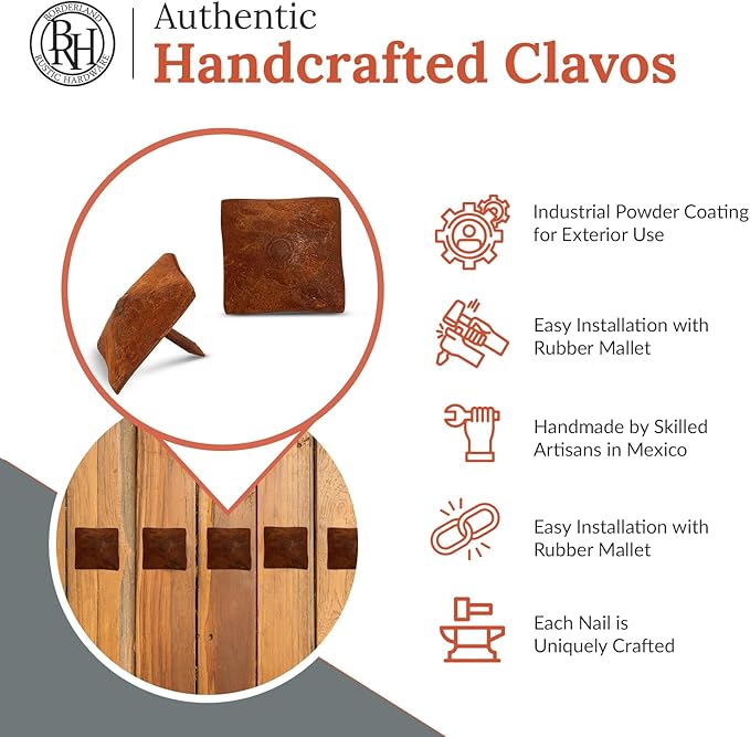 50 Pack 1.25" Square Head Iron Clavos Decorative Nails – Rusted – Handmade Rustic Square Fasteners for Farmhouse Shutters, Faux Wood Beams, Barn Doors, Shutters, and Gates – Ornamental Wood Accent