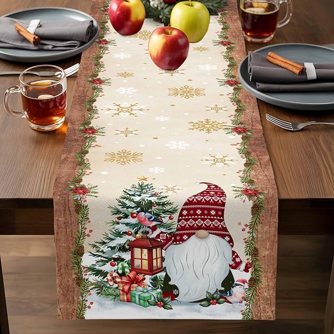Christmas Gnomes Cotton Linen Table Runner for Dining Kitchen, Xmas Pine Tree Snowflake Rustic Wedding Outdoor Party Tablerunners Decoration, Retro Wood Dresser Scarf Tablecloth Runners 13x108 Inches