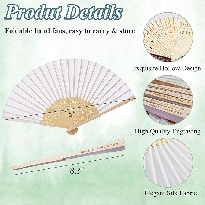 Personalized Engraved 40 Pcs White Silk Fans, Folding Hand Fans, Wedding Party Favors, Bridal Shower Dancing Props, Gifts, Birthday Party Supplies