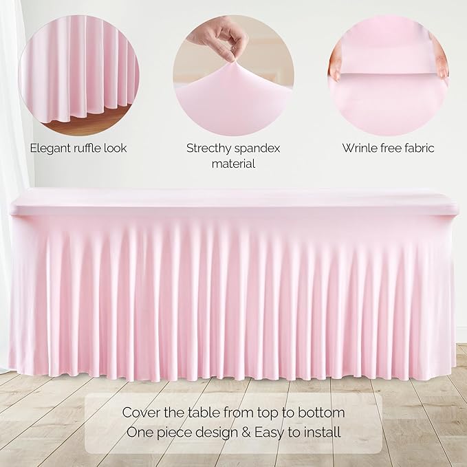 2 Pack Pink Spandex Table Clothes for 8 Foot Rectangle Tables, 8FT Wrinkle Free Fitted Tablecloths Ruffles Design Table Cover for Party, Banquet, Wedding and Events