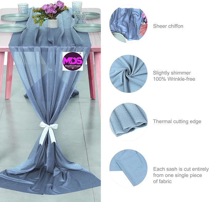MDS 5 Pack 10ft Chiffon Table Runner 29 x 120 Inches Sheer Wedding Runner Romantic Rustic Table Runner for Wedding Decorations, Birthday Parties, Bridal Shower Party Arch Decor - Dusty Blue