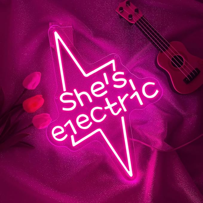 Lightning Bolt Light Up Signs for Wall Decor,Pink She's Electric Neon Sign for Birthday Live Music Concert Bedroom Club Party,Music LED Gift for Girls Teens Men Women USB Powered（15"*10.8"）