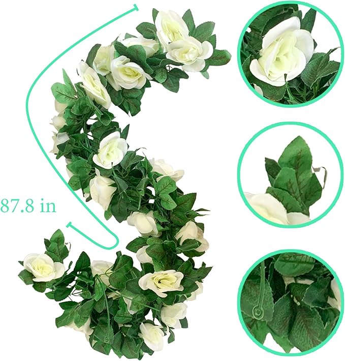 4 Pack Artificial Rose Vine Garland Fake Roses Flowers Plants Vines Hanging Floral Leaves Decoration for Wedding Party Table Garden Arch Wall Home Room Decor(White)