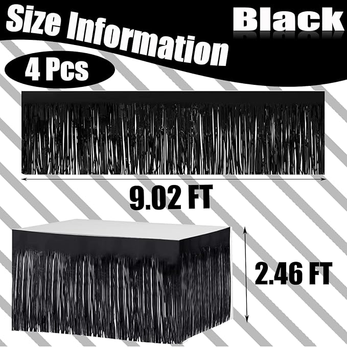 4 Pack 29x108 Inch Metallic Foil Fringe Tinsel Table Skirts for Rectangle Tables Streamer Curtains Backdrop for Halloween, Birthday, Parade Floats, Christmas Party Supplies(Black)