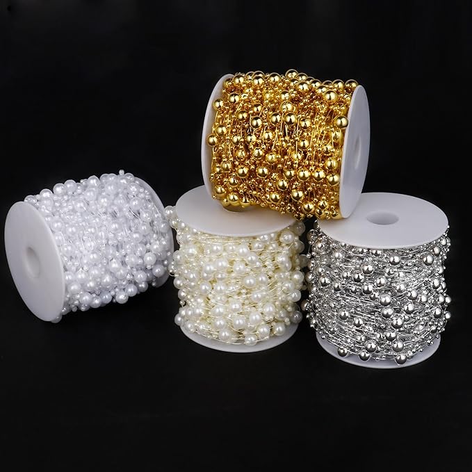 98FT Pearl Beads String Garland, 8mm 3mm White Faux Pearl Beads Roll Strand Bulk for Wedding Party Flower Christmas Decoration DIY Craft