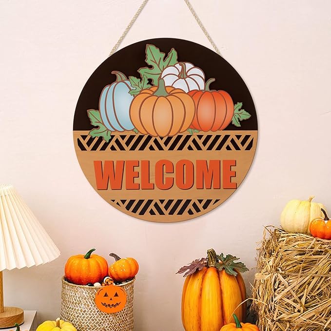 CHDITB Fall Pumpkin Welcome Front Door Sign Wreath(12"x12"), Wooden 3D Hello Fall Autumn Decoration Wall Hanging, Farmhouse Vintage Welcome Home Decor Hanger for Porch Indoor Thanksgiving