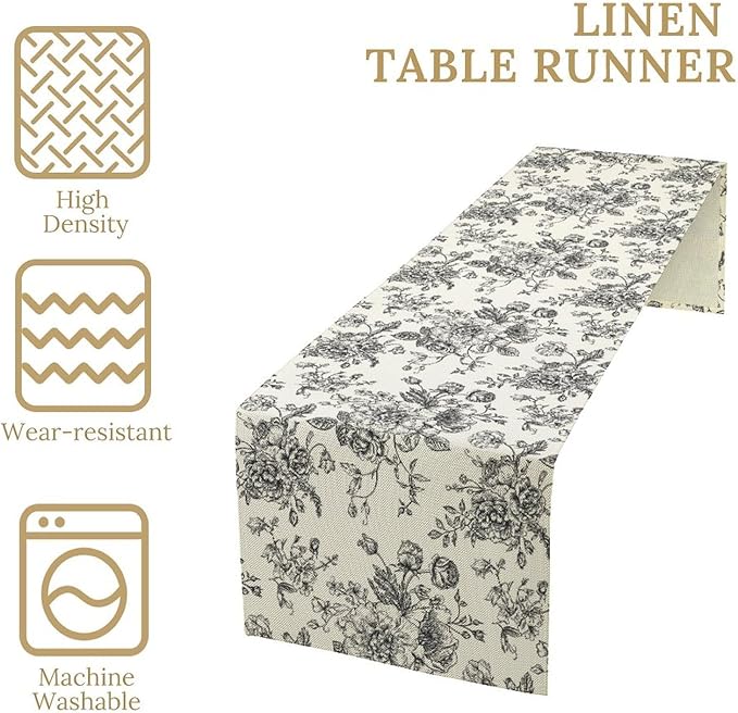 Vintage Flower Table Runner, Black White Wildfloral Floral Sketch Print Kitchen Dinning Table Runner for Indoor Outdoor Home Wedding Party Holiday, 13x120 Inch