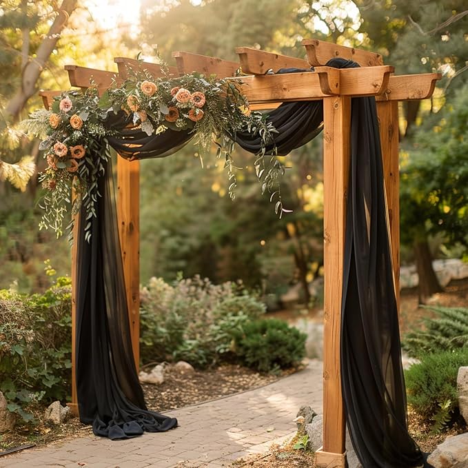 Wokceer Black Wedding Arch Draping Fabric Backdrop 3 Panels 28.7" X 20FT Sheer Drapes Fabric for Wedding Arbor Ceremony Party