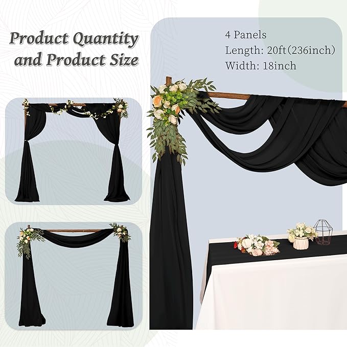 6 Panels Wedding Arch Draping Fabric 28 x 20Ft Chiffon Weddings Arch Drapes Chiffon Fabric Drape Sheer Backdrop Curtain for Wedding Party Ceremony Birthday Reception Swag Backdrop Ceiling Décor(Black)