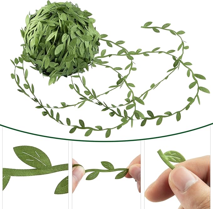 IHKFILAN 262.5 Ft Leaf Ribbon,Olive Green Leaves Leaf Trim Ribbon,Artificial Vines Wild Jungle Decorative Botanical Greenery for Baby Shower Home Wall Garden Wedding Party Wreaths DIY Craft(Green)