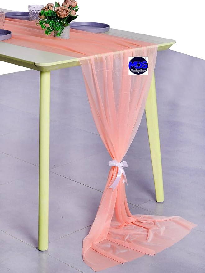 MDS Halloween Chiffon Table Runner - 10 Pack, 29 x 120 Inches, 10ft Each - Sheer Spooky Table Runners for Haunted House Parties, Trick-or-Treat Tables, Witchy Décor, Wedding & Events - Peach