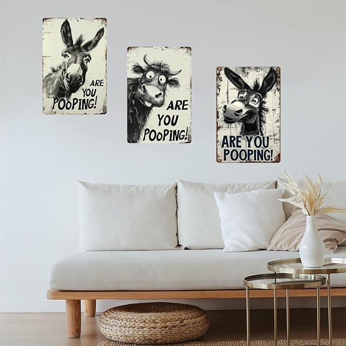 Funny Donkey "Are You Pooping?" Tin Sign - Vintage Bathroom Wall Décor, 8x12 Inches, Humorous Metal Sign for Indoor & Outdoor Use, Farmhouse-Style Wa