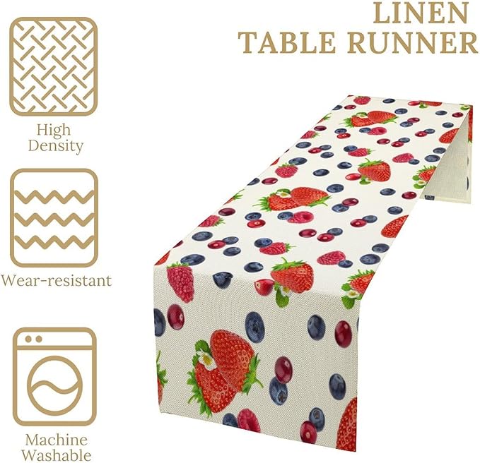 Strawberry Table Runner Spring Summer Fruit Wild Berry Forest Garden Dinner Runner for Farmhouse Party Holiday Home Kitchen Dining Table Decor 13x36